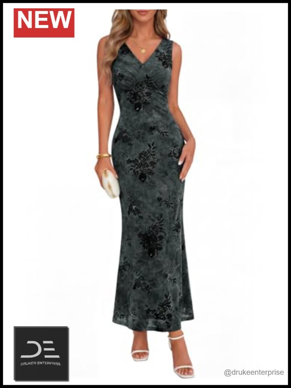 Women's Sleeveless Floral Bodycon Maxi Dress V Neck Wedding Guest Cocktail Party